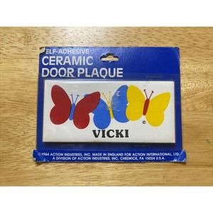Vintage Retro VICKI With Butterflies Dead Stock Ceramic Name Plaque Wall Sign 84